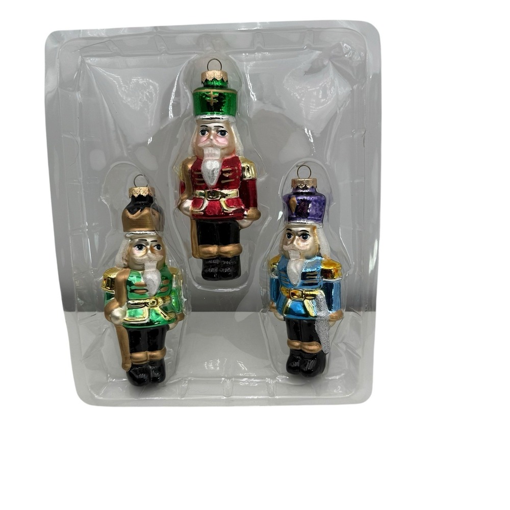 3 Nutcracker Christmas Tree Glitter Ornaments~Red, Blue,‎ Green ~ 5" EUC In Box